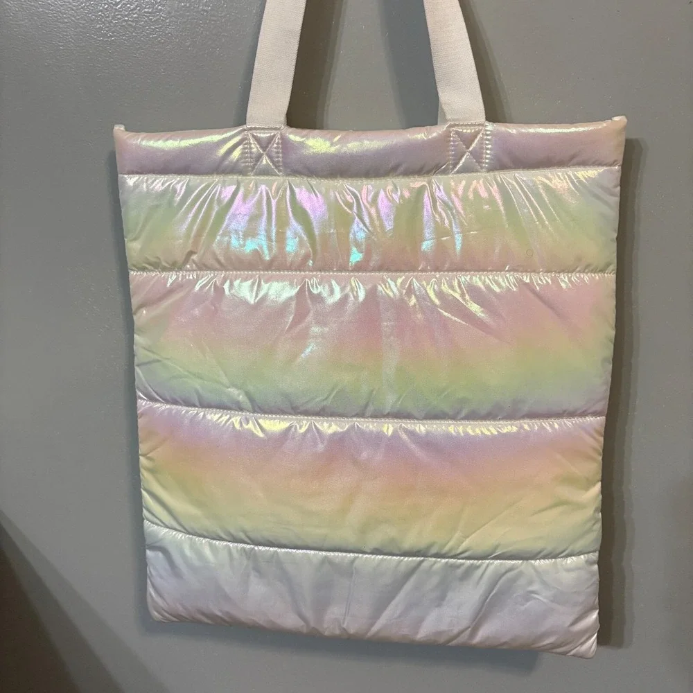 Bath & Body Works White Holographic Pastel Quilted Iridescent Puffer Tote Bag‎